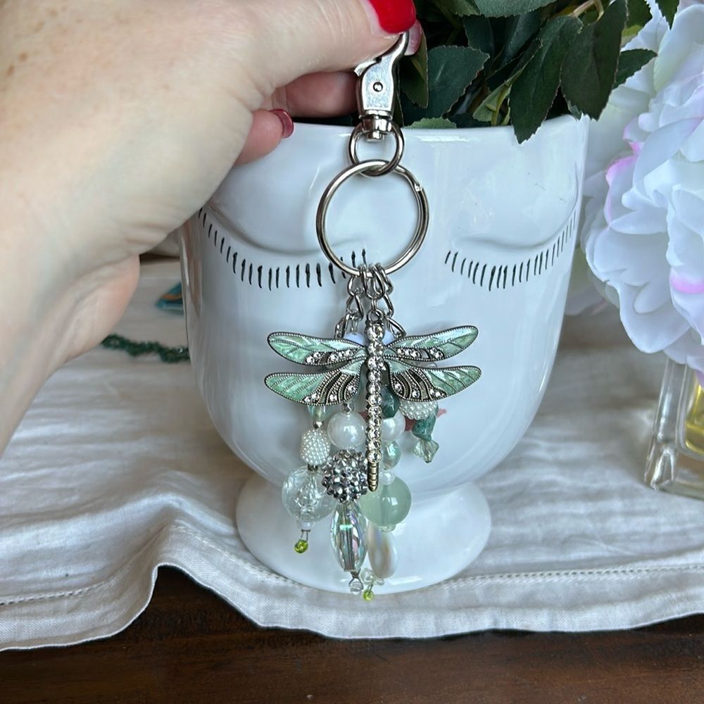 Hand made key chain dragonfly with stones NeW